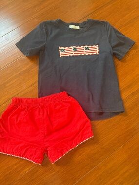 Navy Tee with Flag Patch & Red Shorts Set